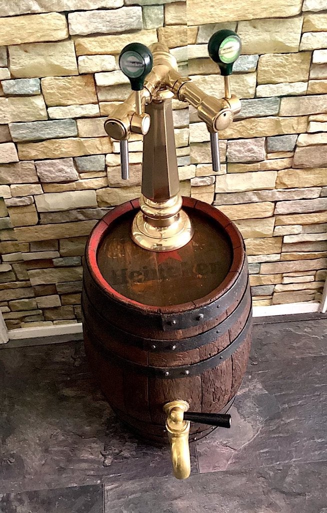Exclusief mancave Heineken vat met dubbelen tapzuil koper, Ophalen, Gebruikt