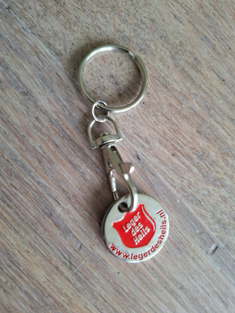 Leger des Heils winkelwagenmuntje met clip en sleutelring, Verzamelen, Winkelwagenmuntjes, Ophalen of Verzenden