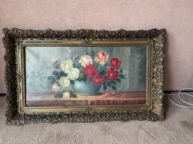 Schilderij met rozen in vaas., Antiek en Kunst, Kunst | Schilderijen | Klassiek, Bloemen, Doek, Ophalen of Verzenden, Gesigneerd