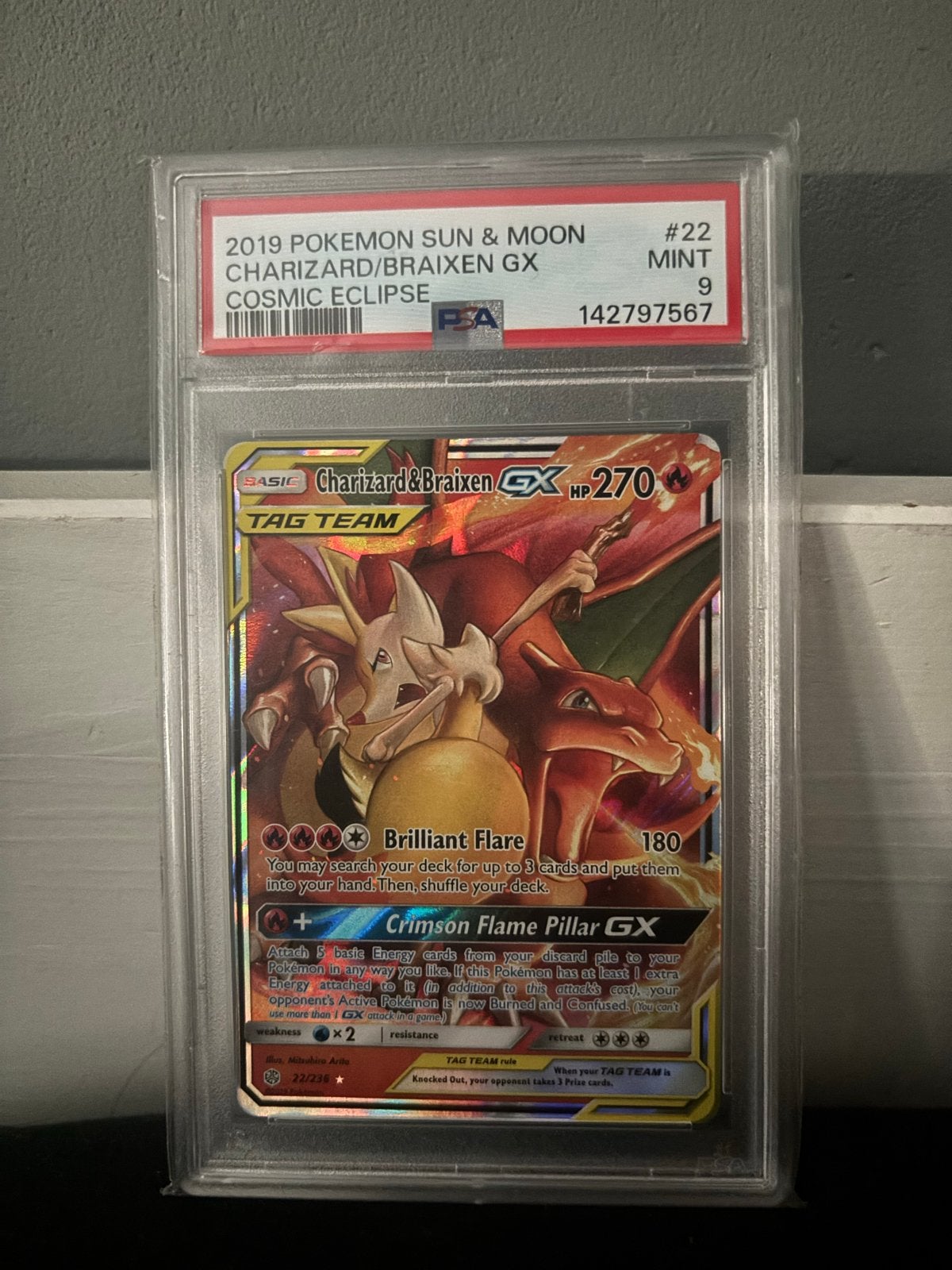 PSA 9 Charizard & Braixen GX 2019 Cosmic Eclipse #22, Ophalen of Verzenden, Zo goed als nieuw, Losse kaart