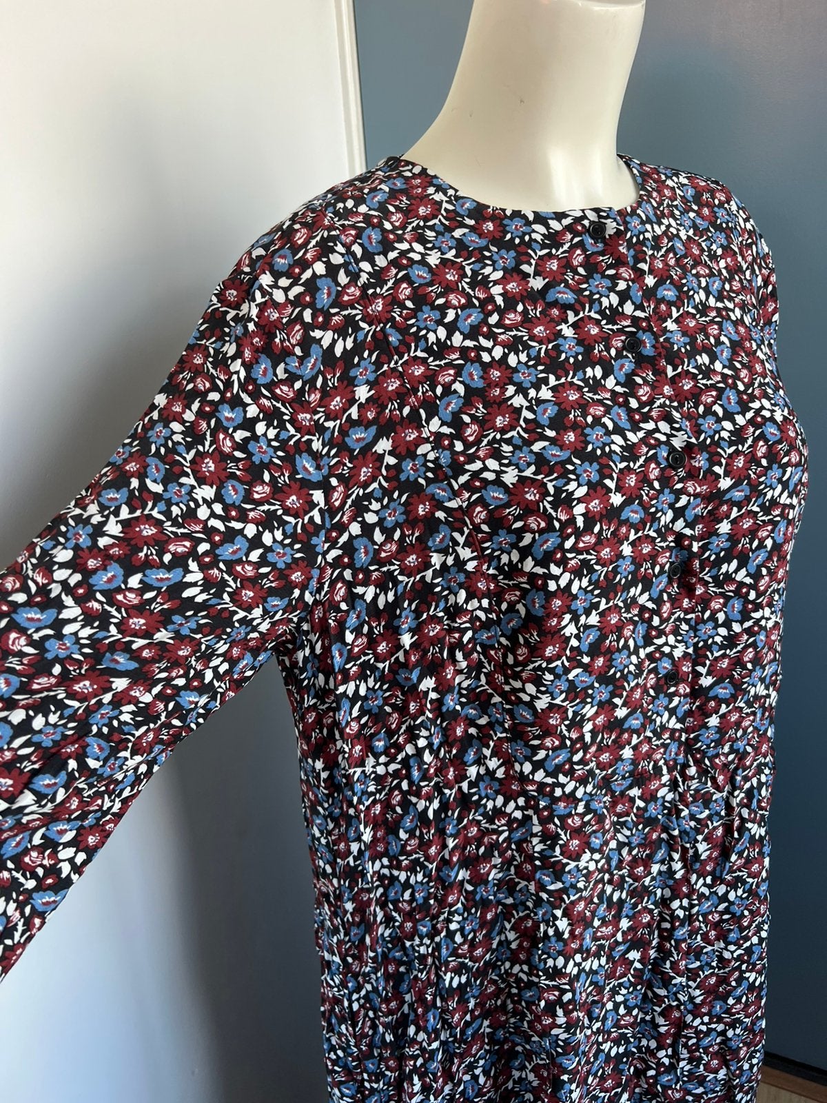 Zara zwart wijnrood lange jurk xl viscoss blauw bloemen, Meerkleurig, Zara, Maat 46/48 (XL) of groter, Nieuw