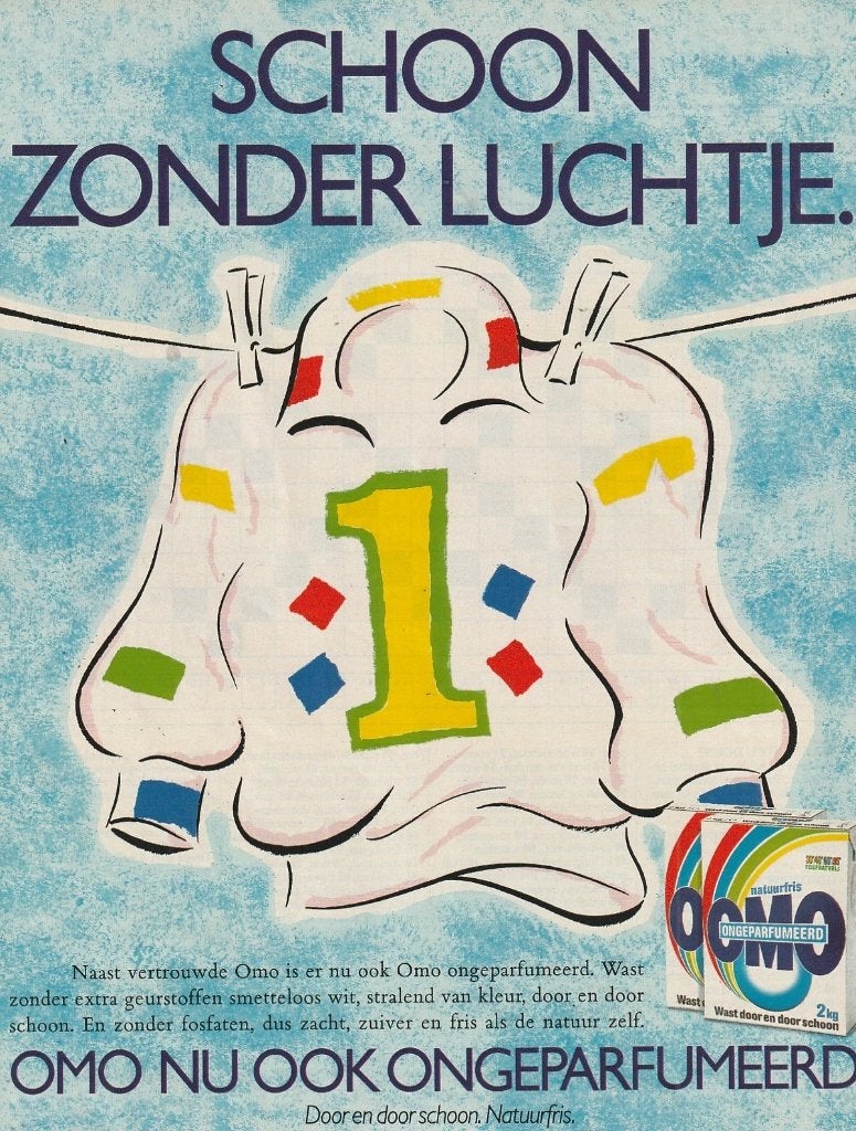 retro reclame 1989 Omo wasmiddel nu ook ongeparfumereerd, Verzamelen, Verzenden, Overige typen