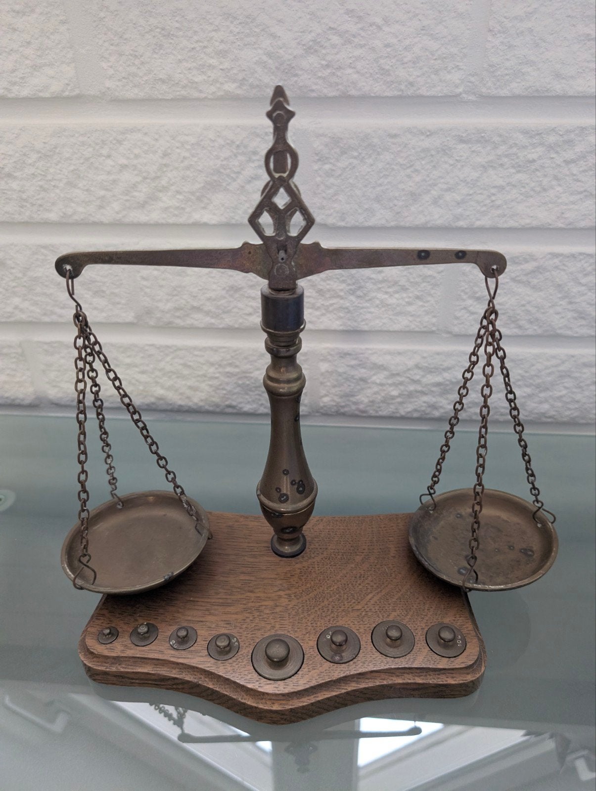 Antieke Weegschaal met Gewichten - Decoratief, Ophalen of Verzenden