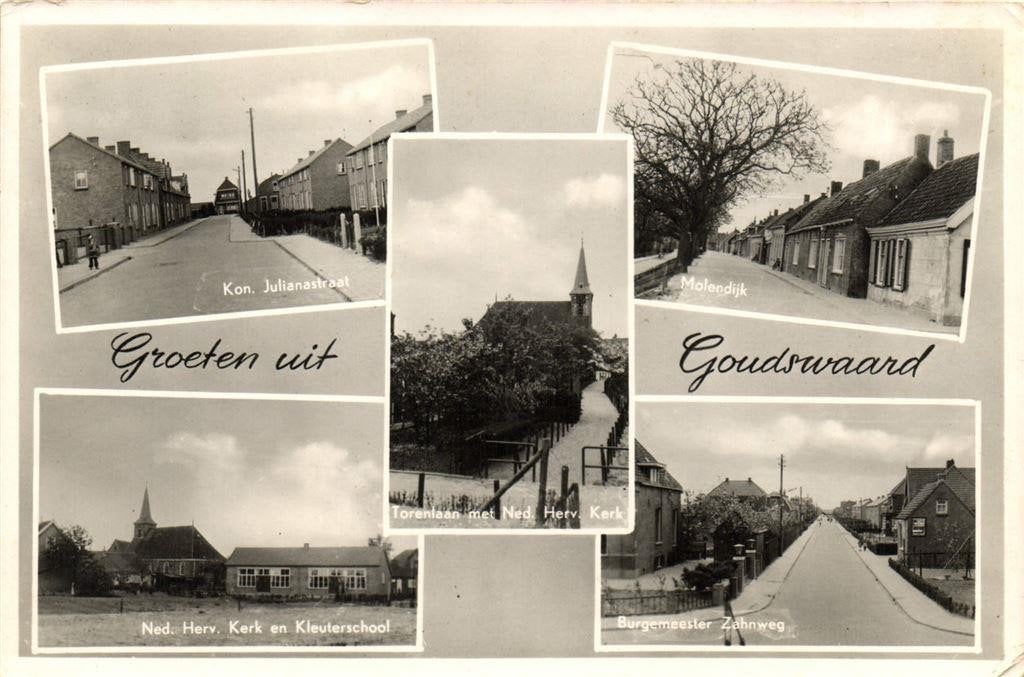 Groeten uit Goudswaard - 5 afb o.a. Molendijk - 1960 gelopen, Ophalen of Verzenden, 1960 tot 1980, Gelopen, Zuid-Holland
