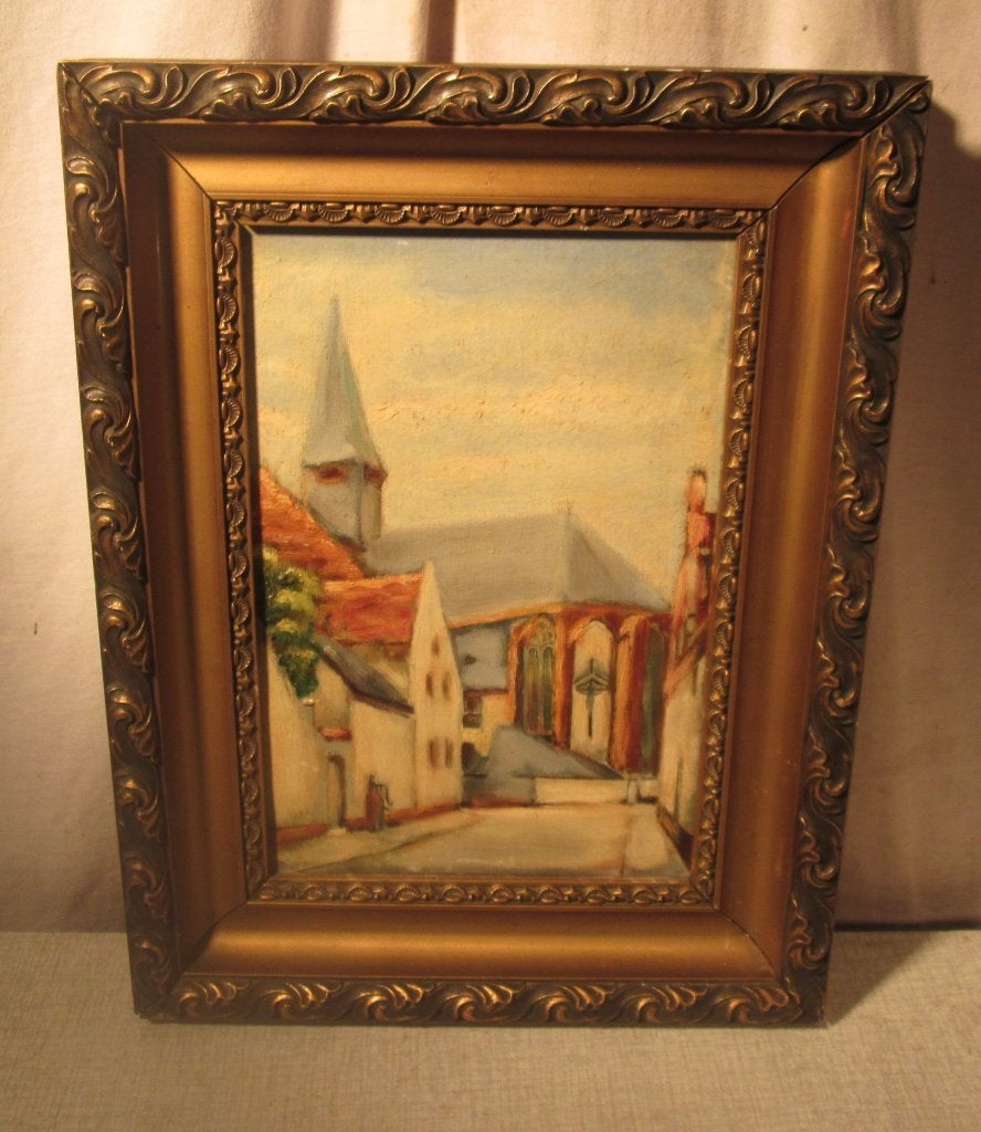 Mooi Antiek Geschilderd Werk 'in de Stad' - W.B. - 36x27, Antiek en Kunst, Kunst | Schilderijen | Klassiek, Ophalen of Verzenden