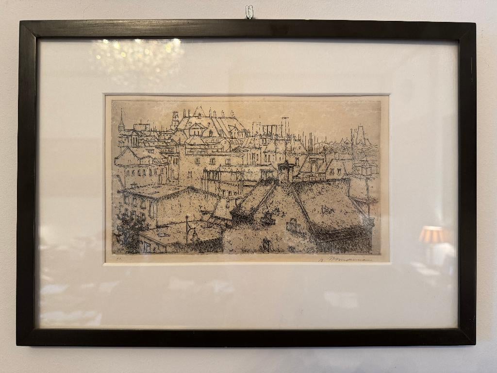 Ets Stadsgezicht Den Haag? Willem Minderman in lijst, Antiek en Kunst, Ophalen of Verzenden, Stadsgezicht, Ets, Ingelijst