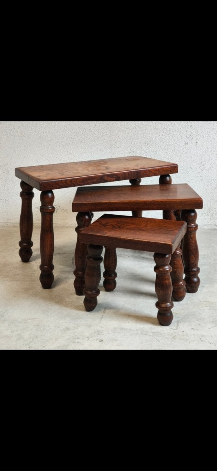 Vintage eiken set bijzettafeltjes jaren 60/70, Minder dan 45 cm, Minder dan 55 cm, Gebruikt, Ophalen of Verzenden