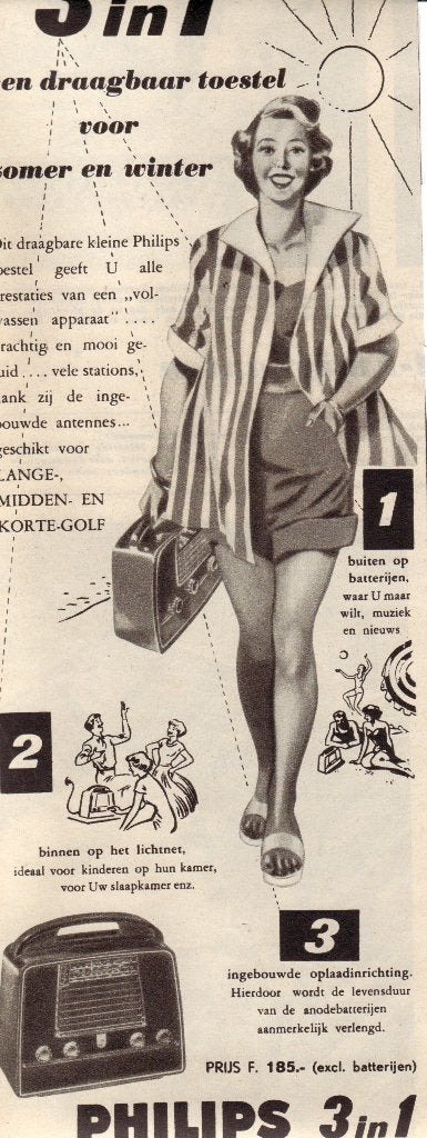 Philips draagbare radio - Advertentie uit Tijdschrift 1953, Ophalen of Verzenden, 1940 tot 1960, Knipsel(s)