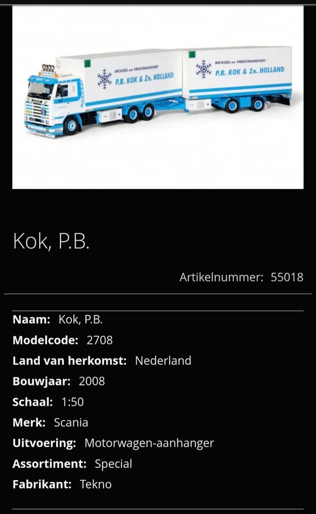Tekno 55018 scania 143 p.b.kok, Ophalen, Zo goed als nieuw, Bus of Vrachtwagen