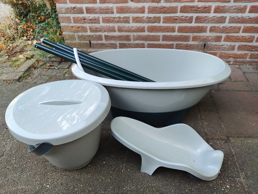 Luma babybadset Blue Grey + standaard, inzet, emmer, Kinderen en Baby's, Gebruikt, Badje, Standaard, Ophalen