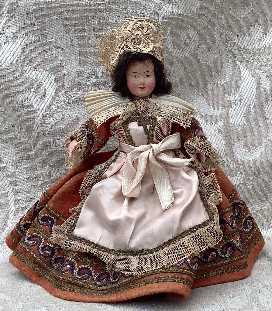 Vintage Celluloid pop “Petitcollin” Frans kostuum Bretagne, Verzamelen, Poppen, Ophalen of Verzenden, Zo goed als nieuw, X, Pop