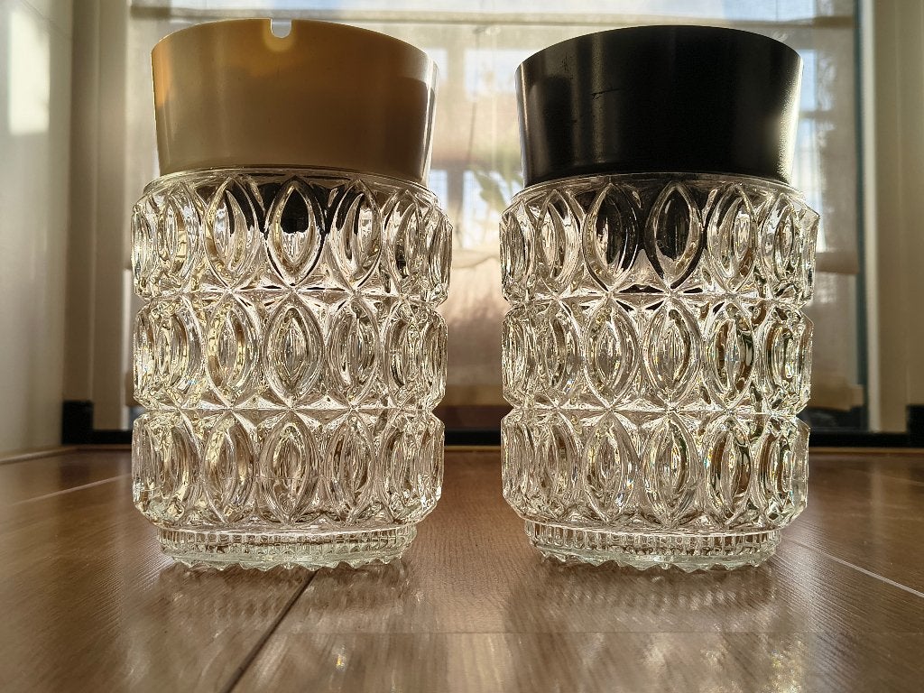 Vintage sixties glazen plafondlampen - 2 stuks, Gebruikt, Glas, 11 cm, E27 (groot)