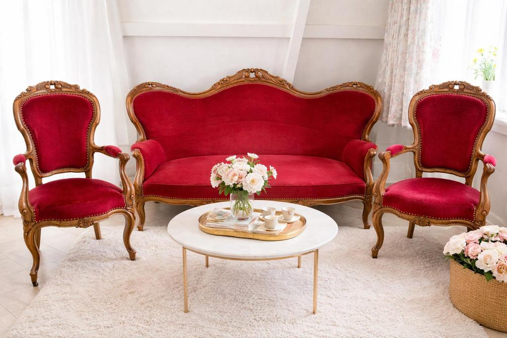 Biedemeier bank, 2 fauteuils mahonie fluweel antiek, Ophalen