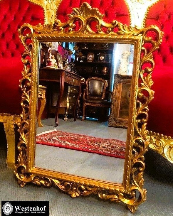 Franse antieke spiegel - wandspiegel - barok lijst goud, Antiek en Kunst, Ophalen of Verzenden, Rechthoekig
