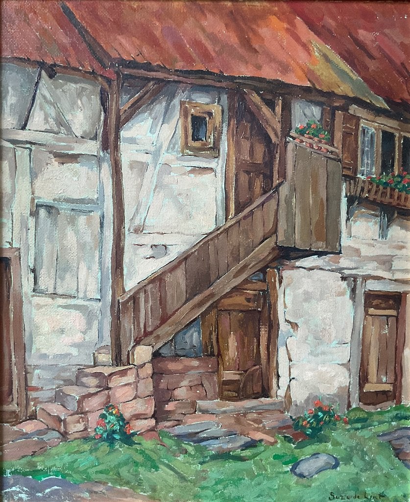Suze de Lint (1878-1953) - Gezicht op boerderij, Paneel, Impressionistisch, Ophalen of Verzenden, Gesigneerd