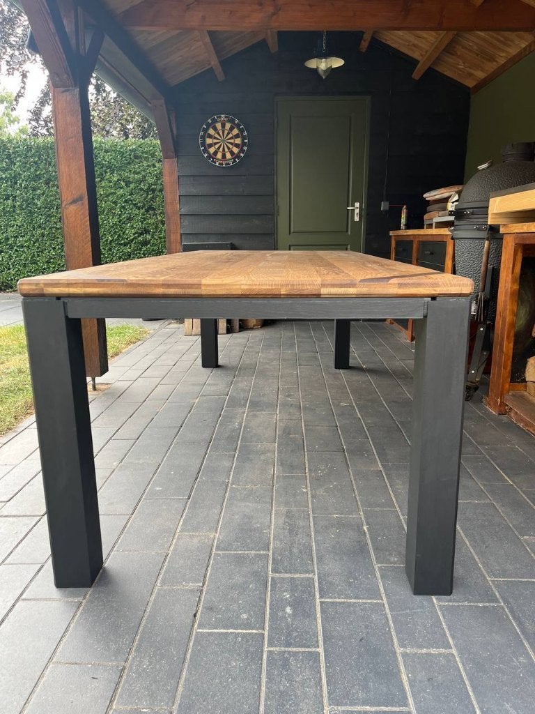 Massieve grote opgeknapte eiken tafel, Ophalen, Eikenhout, 200 cm of meer, 50 tot 100 cm