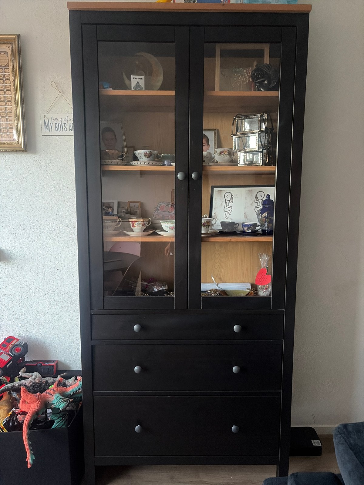 IKEA HEMNES vitrinekast met 3 lades, zwartbruin, Ophalen, Gebruikt, 200 cm of meer, 50 tot 100 cm