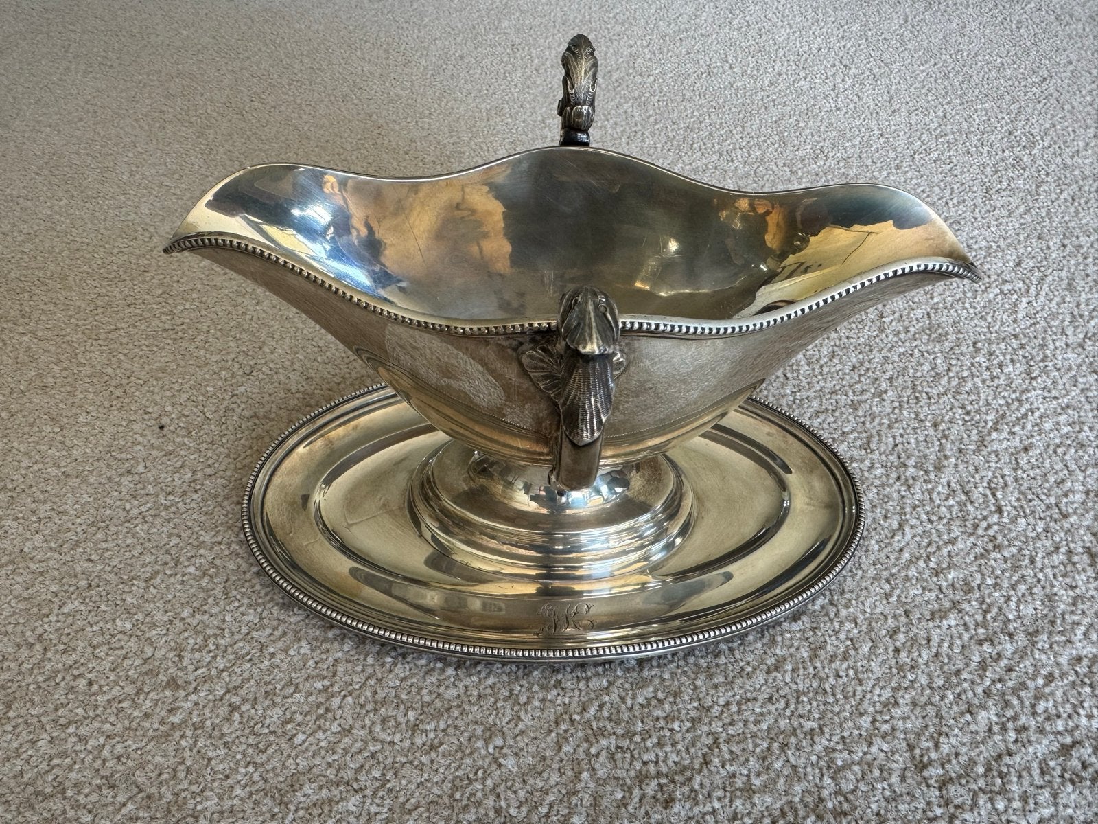 Antieke Zilveren Sauskom met Schotel, Engelse Keurmerken, Antiek en Kunst, Ophalen, Zilver