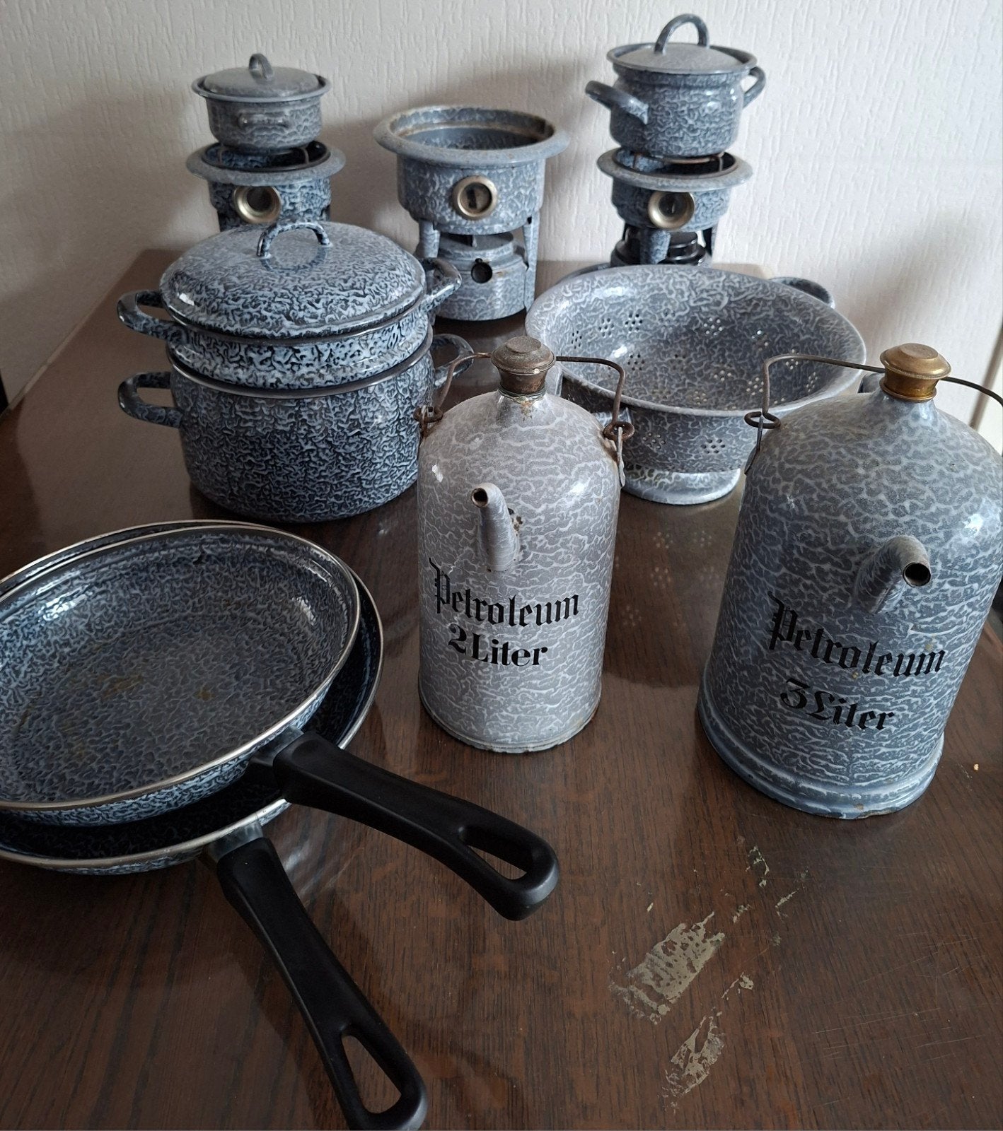 Emaille grijs/blauw gewolkt keukengerei en decoratie, Antiek en Kunst, Ophalen of Verzenden