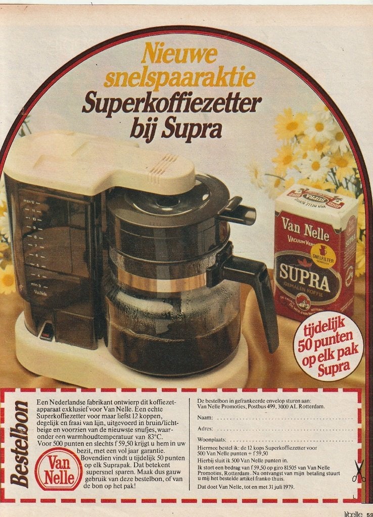 retro reclame 1979 Van Nelle koffiezetapparaat Supra, Verzamelen, Verzenden, Overige typen