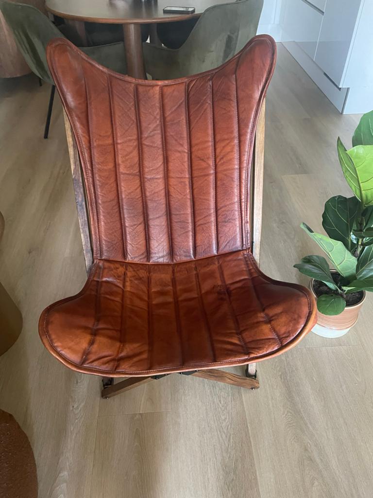Leren vlinderstoel met houten frame, Gebruikt, Bruin, Ophalen of Verzenden, Eén