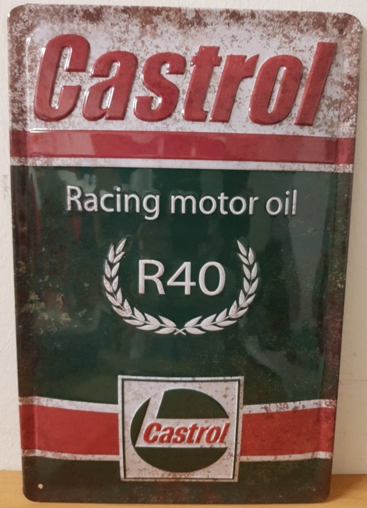 Castrol Motor Oil R40 reclamebord van metaal met relief deco, Reclamebord, Info@deconoord.nl, Deco Noord, Nieuw
