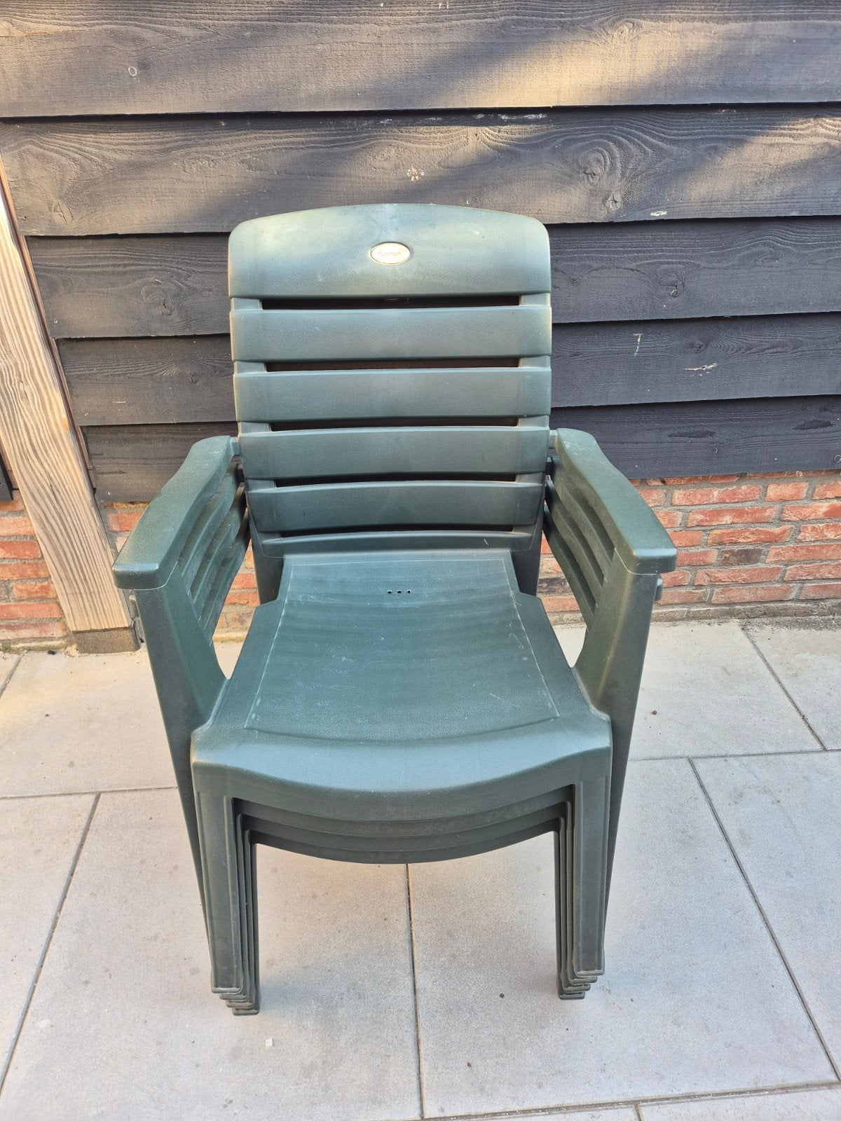 4x Hartman tuinstoelen groen met 8x Madison kussens rood, Ophalen, Gebruikt, Kunststof, Stapelbaar