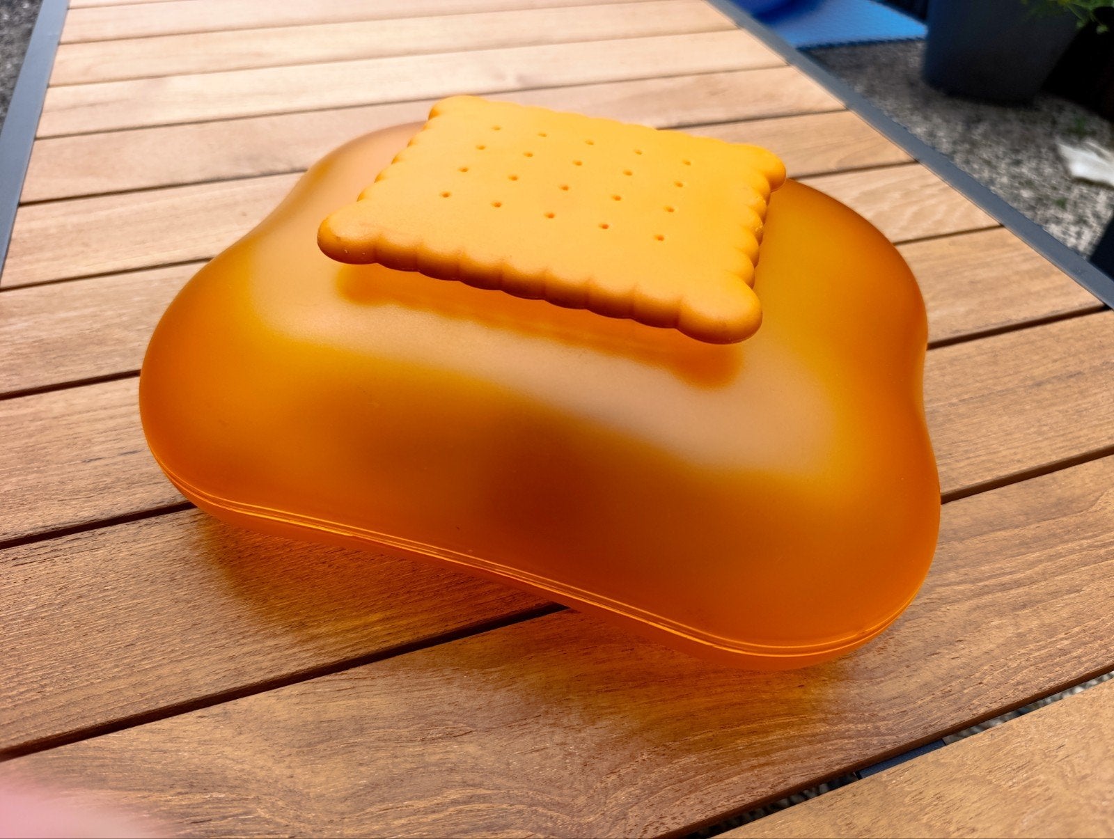 Vintage Alessi Mary Biscuit koektrommel - Oranje, Gebruikt, Kunststof, Ophalen of Verzenden, Alessi