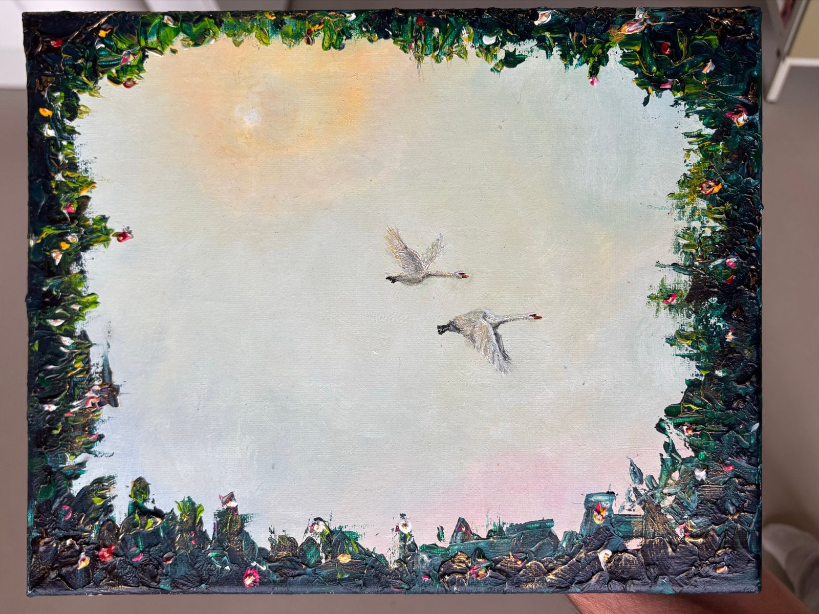 Zelfgemaakt schilderij met textuur: Ochtenvlucht, Ophalen of Verzenden