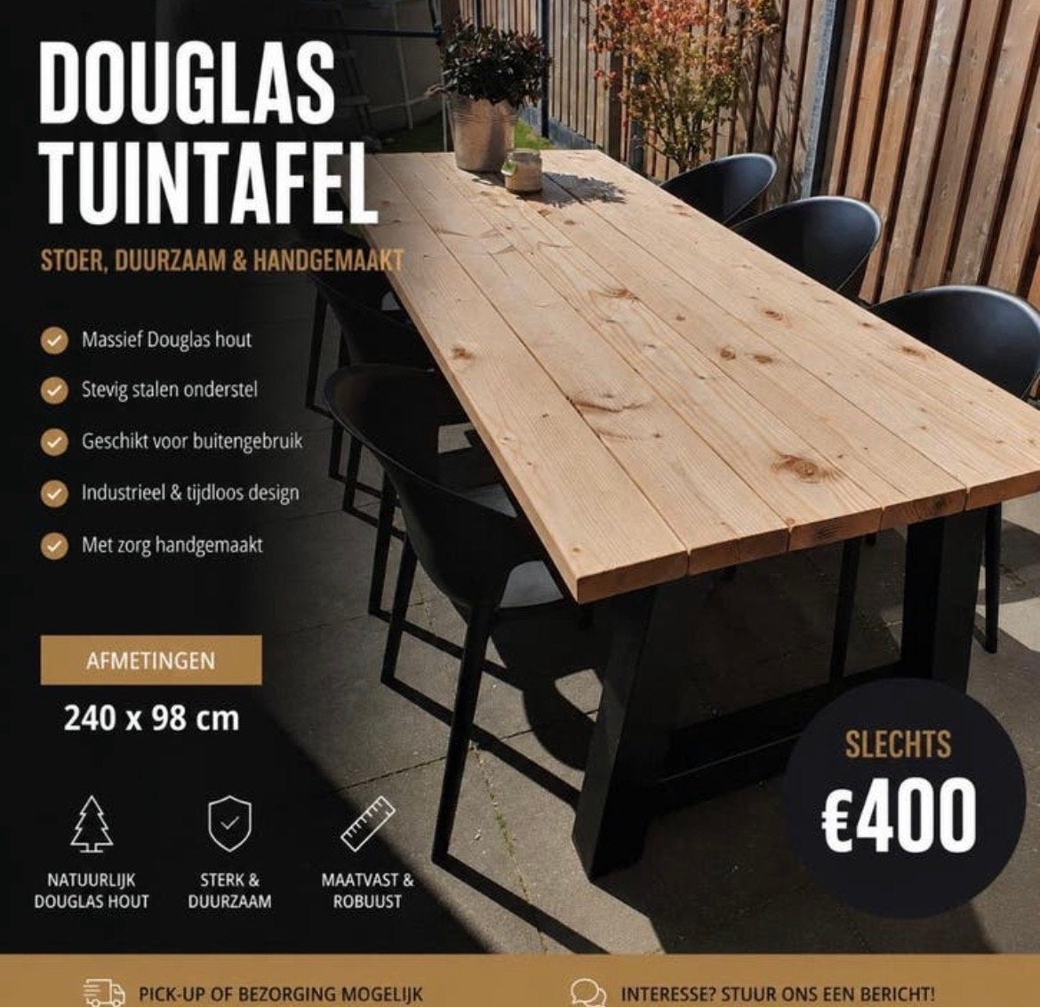 Douglas tuintafel met gepoedercoat stalen onderstel, Eettafel, Nieuw, Ophalen of Verzenden, 8 zitplaatsen