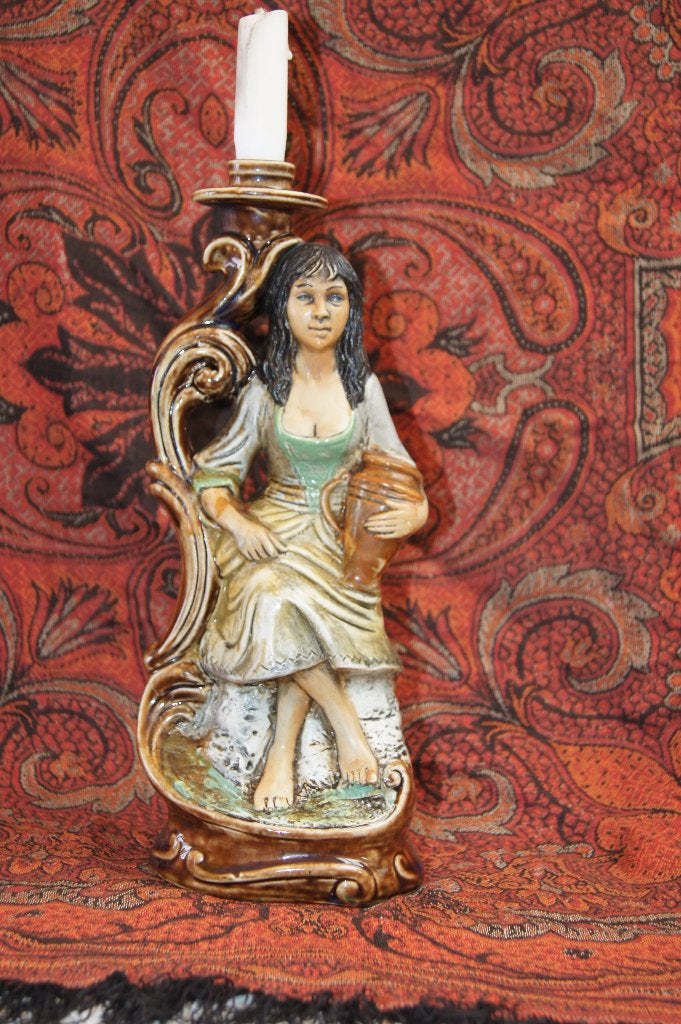 Vintage houten Kandelaar met Vrouwfiguur, Ophalen of Verzenden, Keramiek of Aardewerk