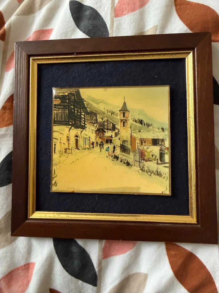 16cm/16cm Vintage Schilderij Alpenlandschap met Kerk en Dorp, Ophalen of Verzenden