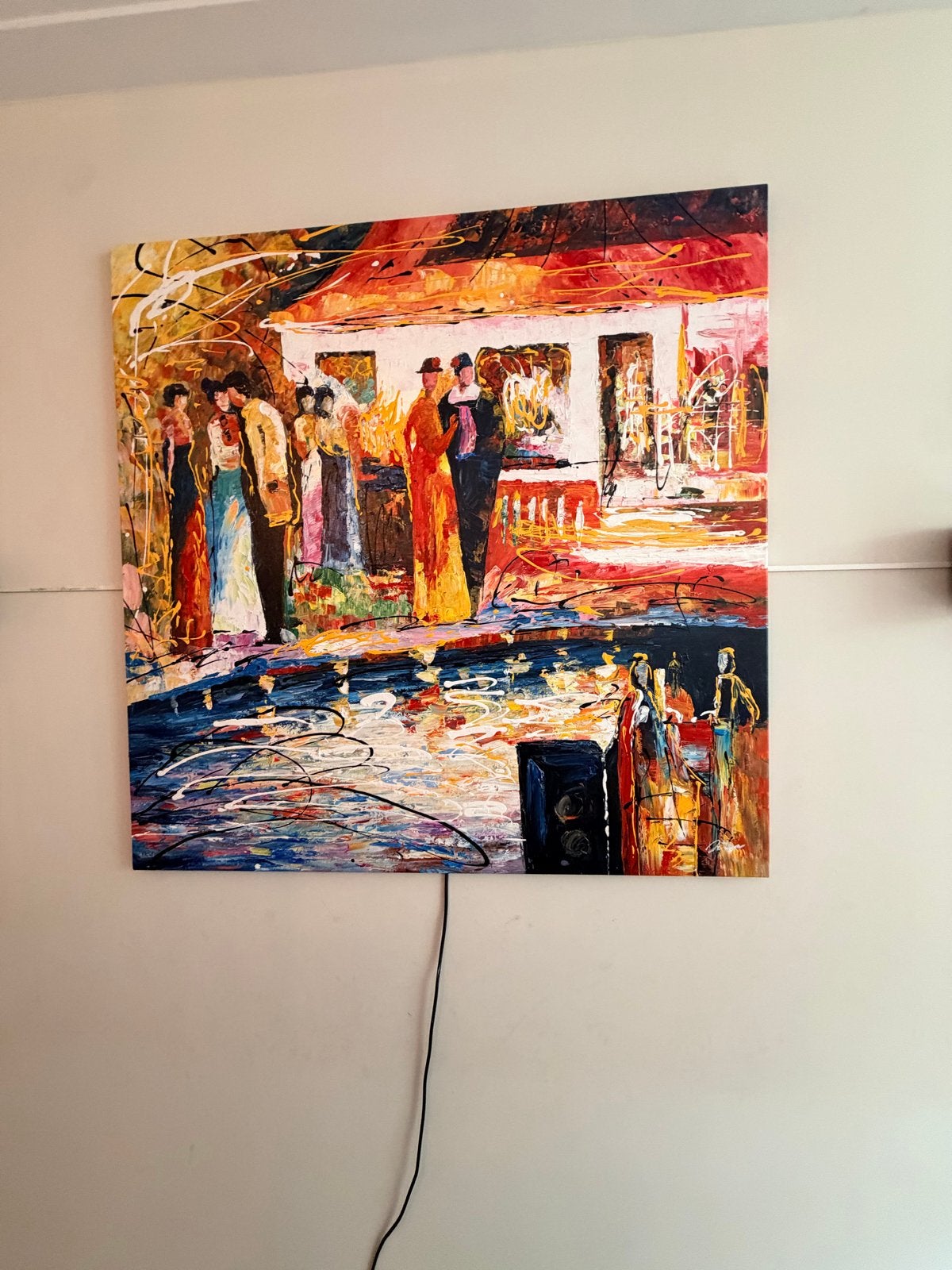 Sfeervol schilderij met figuren en levendige kleuren, Antiek en Kunst, Ophalen, Handgeschilderd, Textiel, Figuren