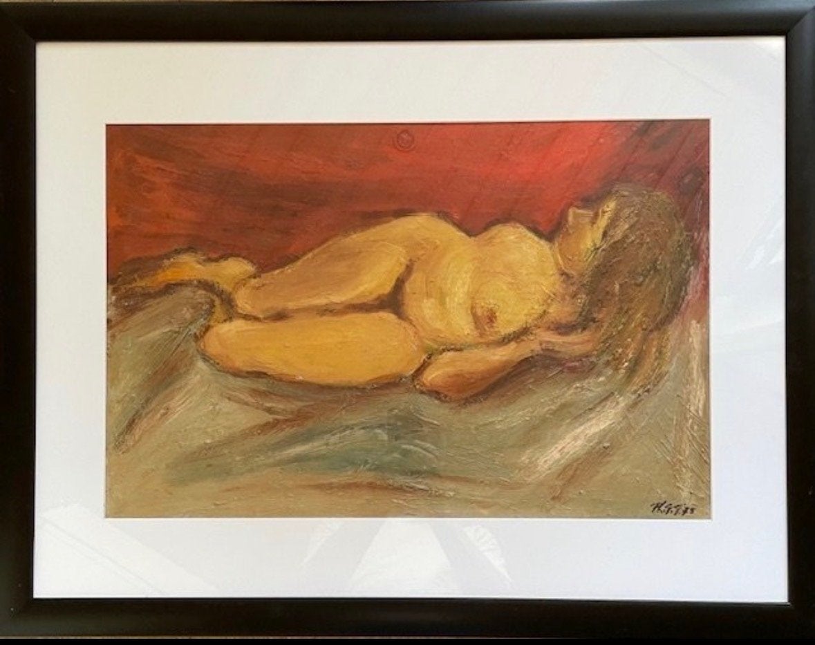 Phil Grisel (1923–2008) – Liggend naakt (1975), Antiek en Kunst, Kunst | Schilderijen | Modern, Figuren, Hout, Ophalen of Verzenden