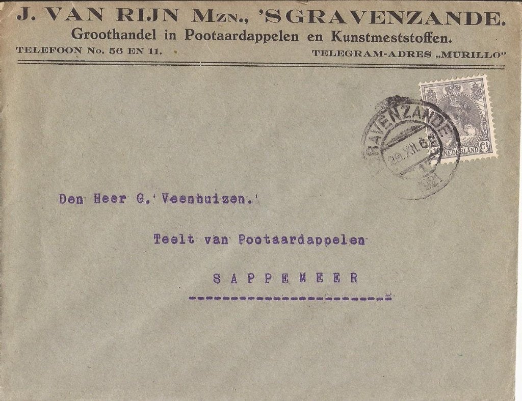 's-GRAVENZANDE 1921 J v RIJN Mzn Groothandel pootaardappelen, Ophalen of Verzenden, 1920 tot 1940, Gelopen, Zuid-Holland