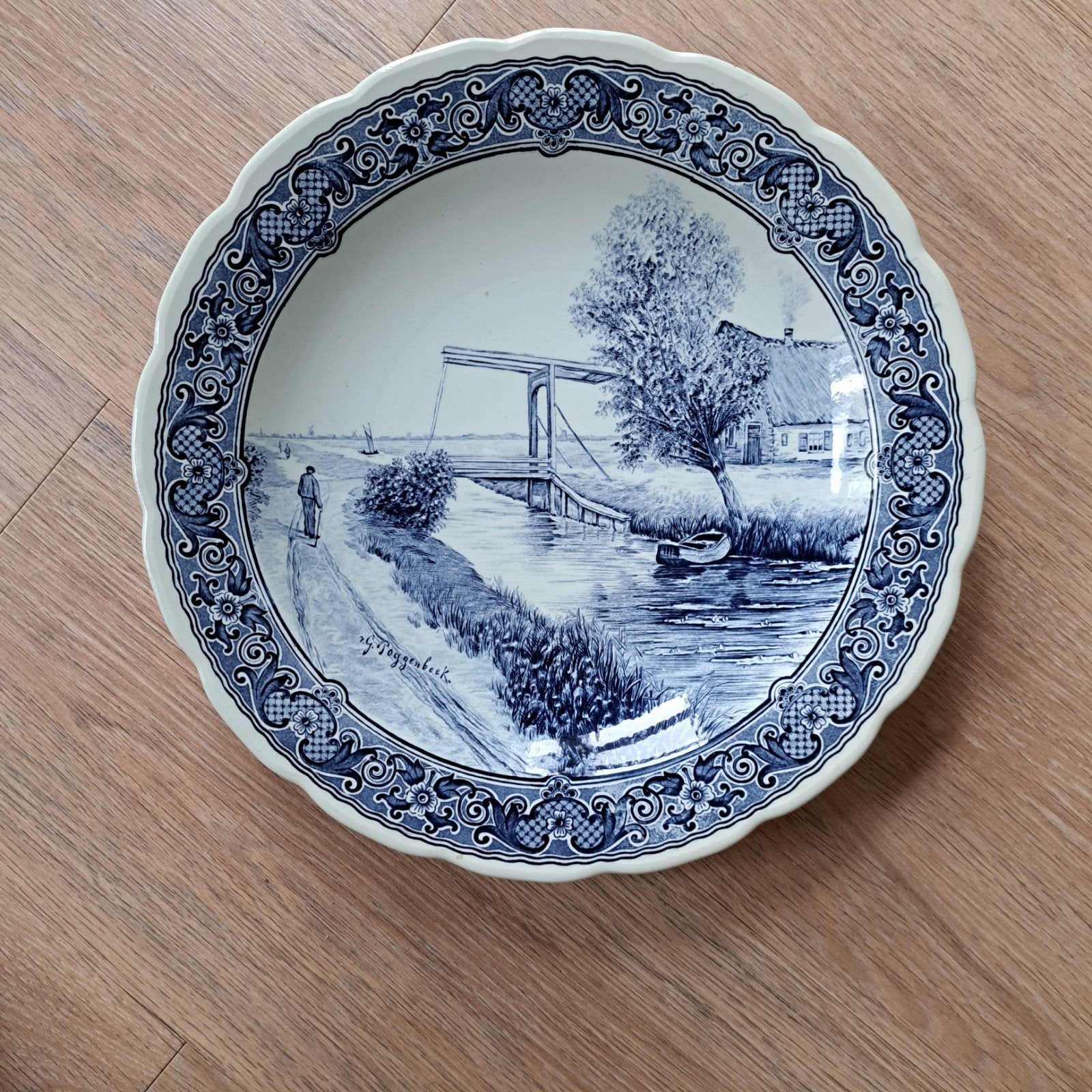 Delfts blauw wandbord met Hollands landschap, Antiek en Kunst, Ophalen