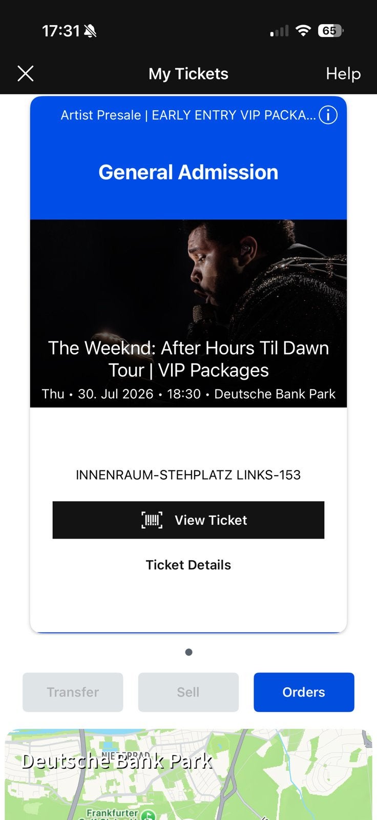 The Weeknd Frankfurt 1x – Early Entry VIP Package, Eén persoon