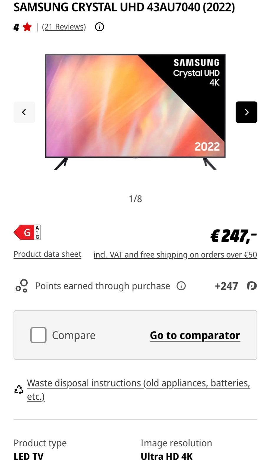SAMSUNG CRYSTAL UHD 43AU7040 (2022) 4K Smart TV, Audio, Tv en Foto, Televisies, Ophalen, LED, Zo goed als nieuw, 100 Hz
