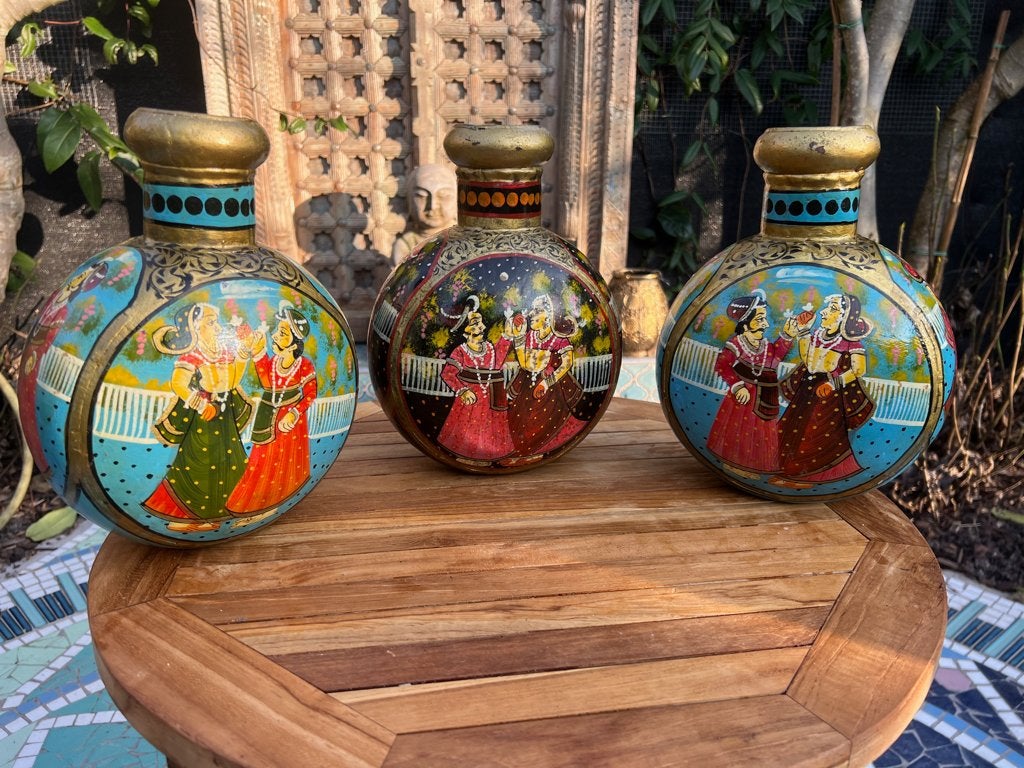 Indiase handbeschilderde metalen kruik India vintage, Verburgt Vintage, Gebruikt, Meerkleurig, Ophalen of Verzenden