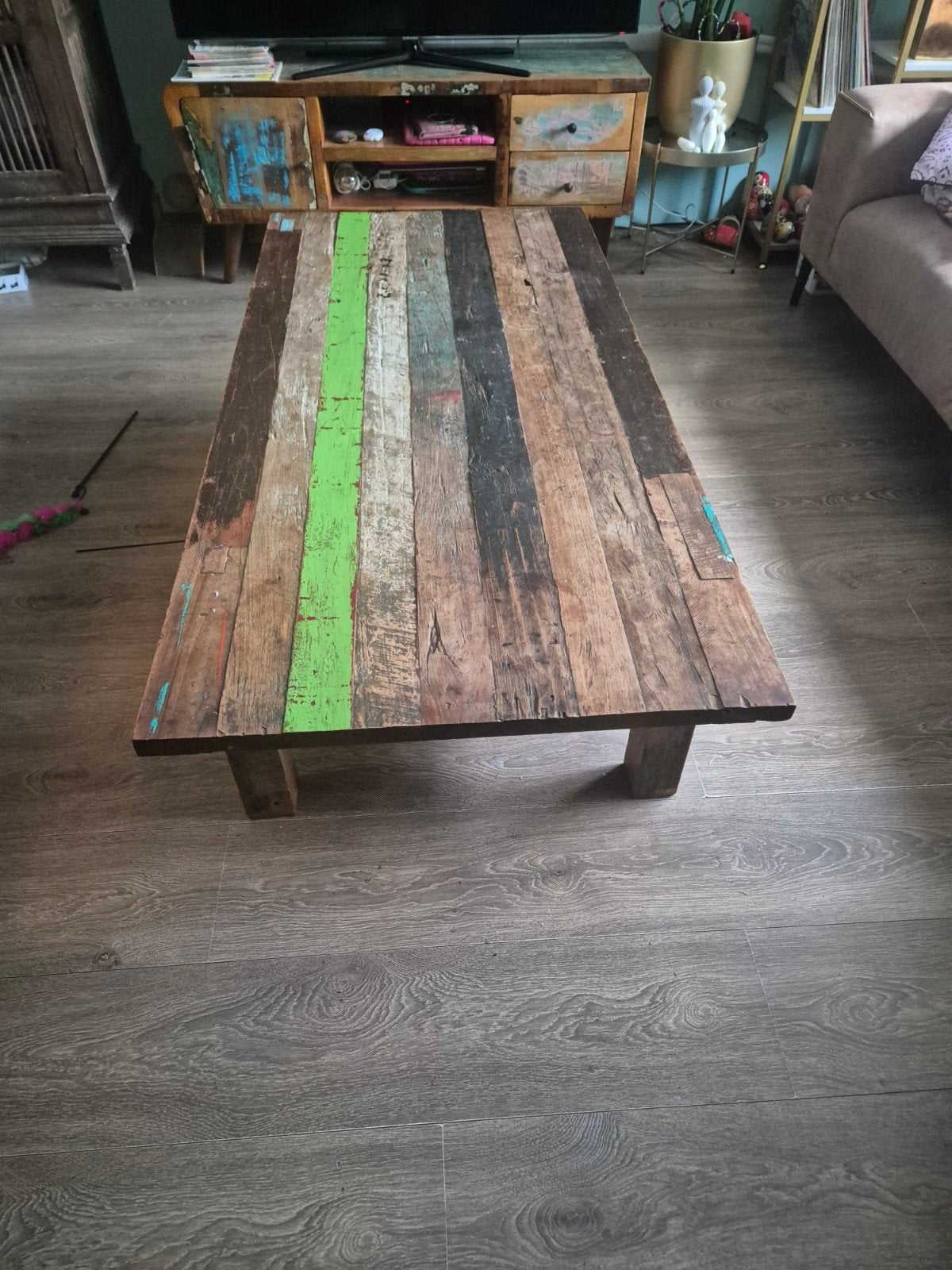 Unieke salontafel van gerecycled hout met lades, Huis en Inrichting, Ophalen, Gebruikt, 100 tot 150 cm, 50 tot 100 cm