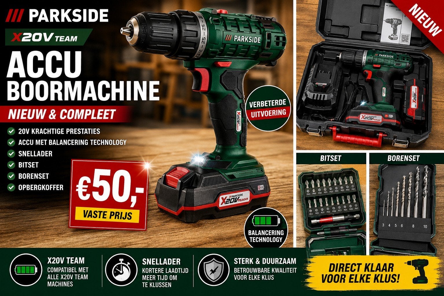 Parkside 20V Accuboormachine – NIEUW – Complete Set, Ophalen of Verzenden, Nieuw, 600 watt of meer, Boor- en Schroefmachine