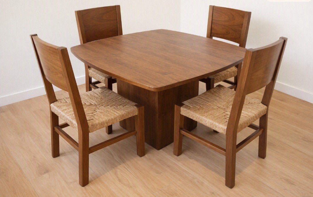 Houten eetkamerstoelen met rieten zitting (set van 4), Huis en Inrichting, Stoelen, Ophalen, Gebruikt, Bruin, Hout
