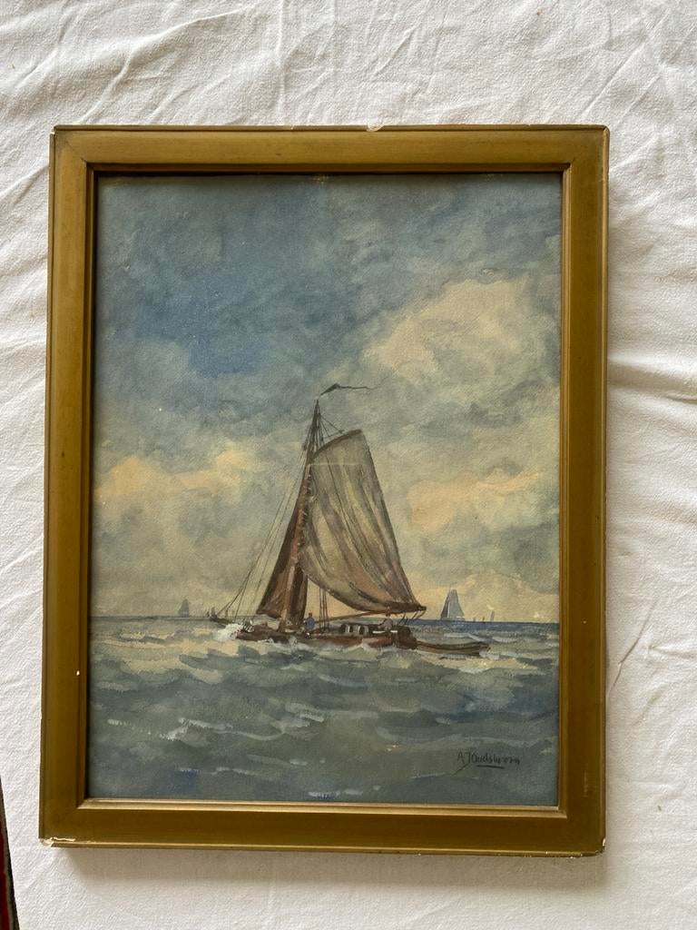 Albert Jan Oudshoorn (1877-1930) - Gekatte tjalk op zee, Antiek en Kunst, Ophalen of Verzenden