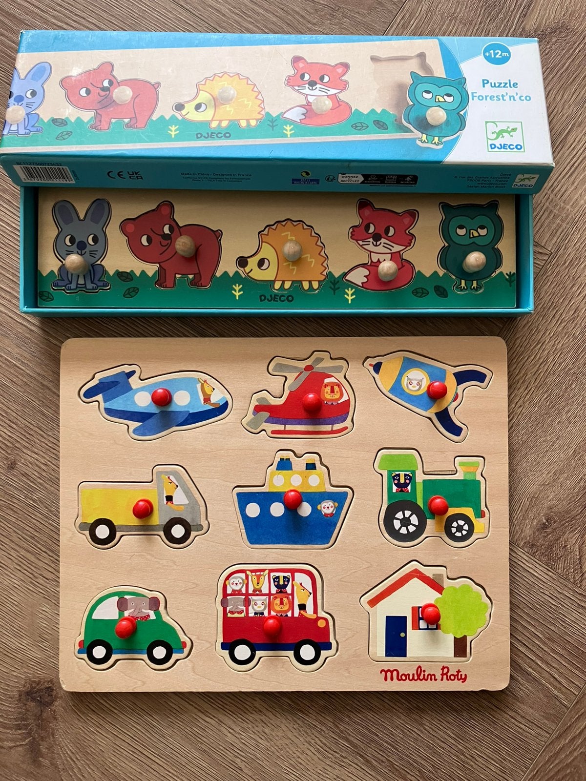 Twee houten kinderpuzzels, Ophalen of Verzenden, Minder dan 10 stukjes, Zo goed als nieuw, 6 maanden tot 2 jaar
