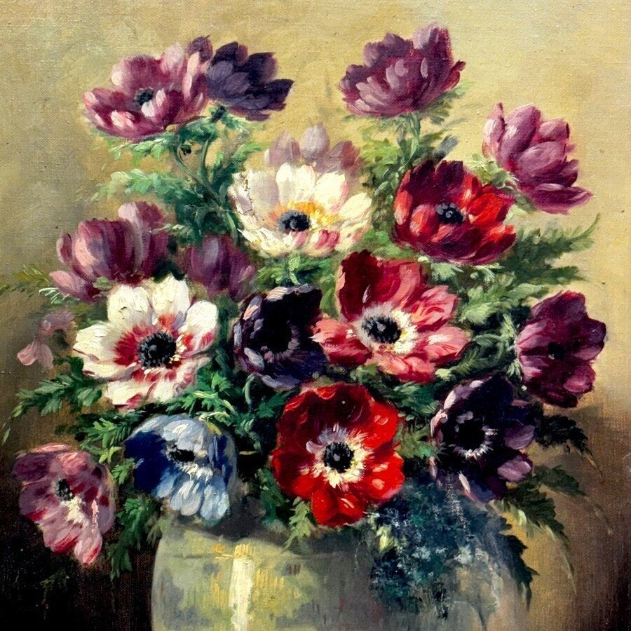 Sofia Theodora van Driel (1899–1979) - Anemonen, Antiek en Kunst, Nederlandse school, Doek, Stilleven, Ophalen of Verzenden