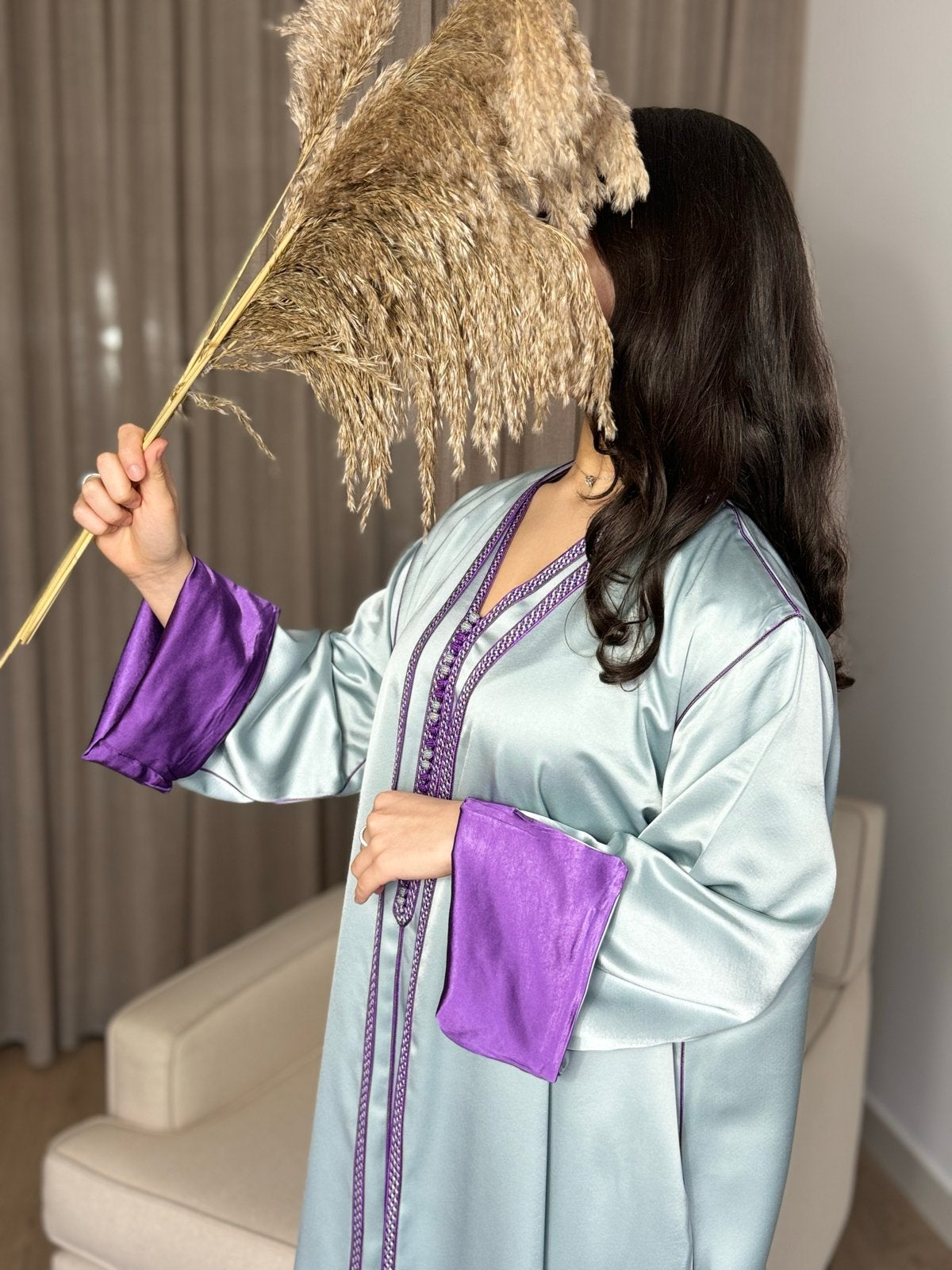 Mintgroene Handgemaakte Kimono met Paarse Details, Verzenden, Nieuw
