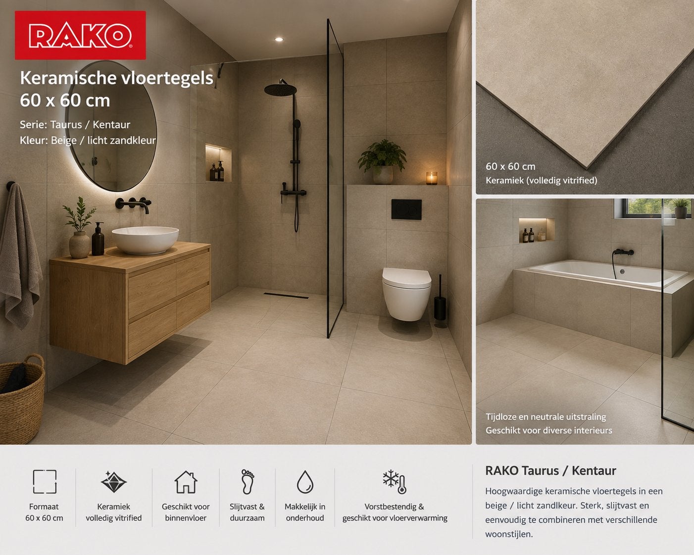 RAKO Keramische Vloertegels 60x60 cm - Taurus/Kentaur Beige, Doe-het-zelf en Verbouw, Tegels, Ophalen, 60 cm of meer, Nieuw, 5 tot 10 m²