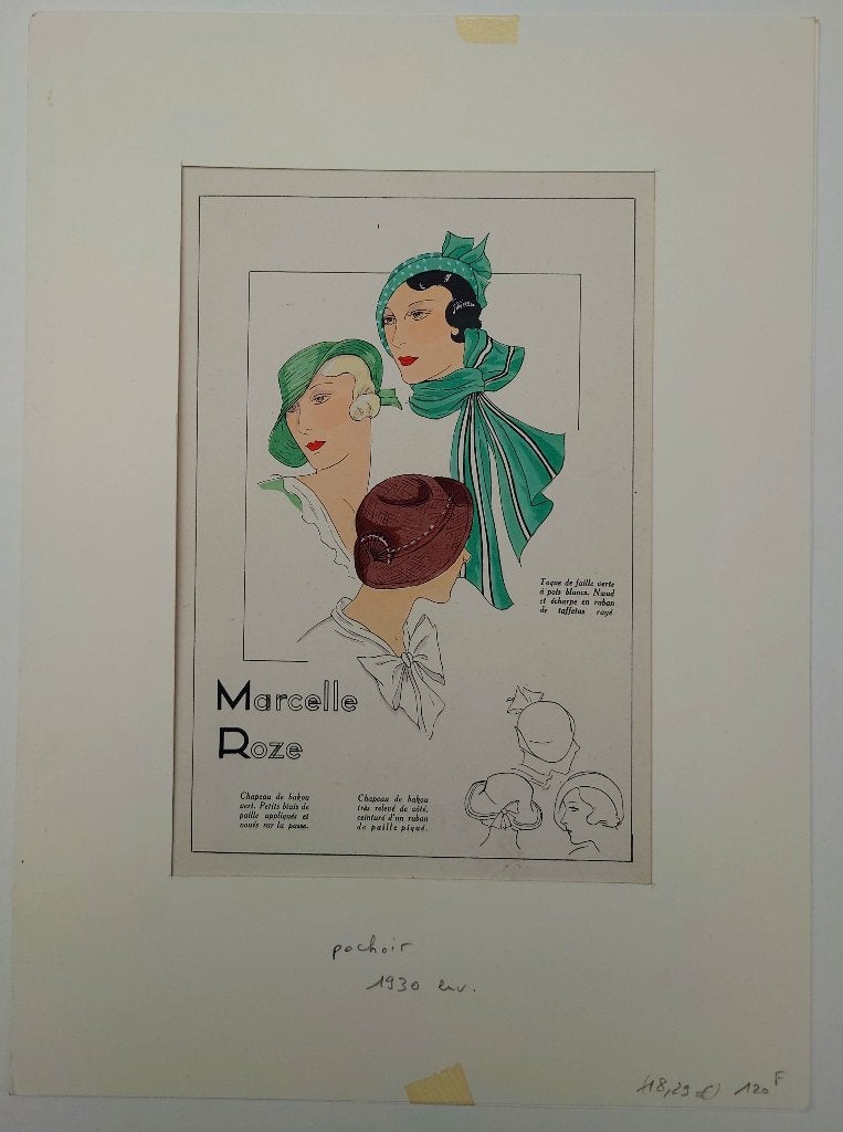 ~1930 Franse Art Deco mode pochoir, Marcelle Roze hoeden, Portret en Figuren, Ophalen of Verzenden, Lithografie, Gelimiteerde oplage