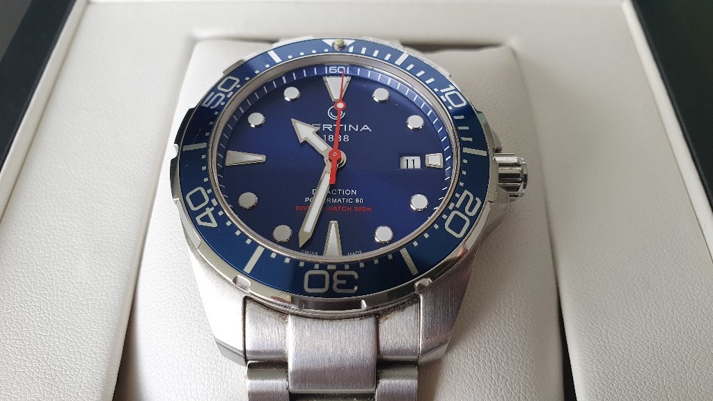Certina Ds action diver 43mm Blauw 300 m diep, Staal, Staal, Polshorloge, Zo goed als nieuw