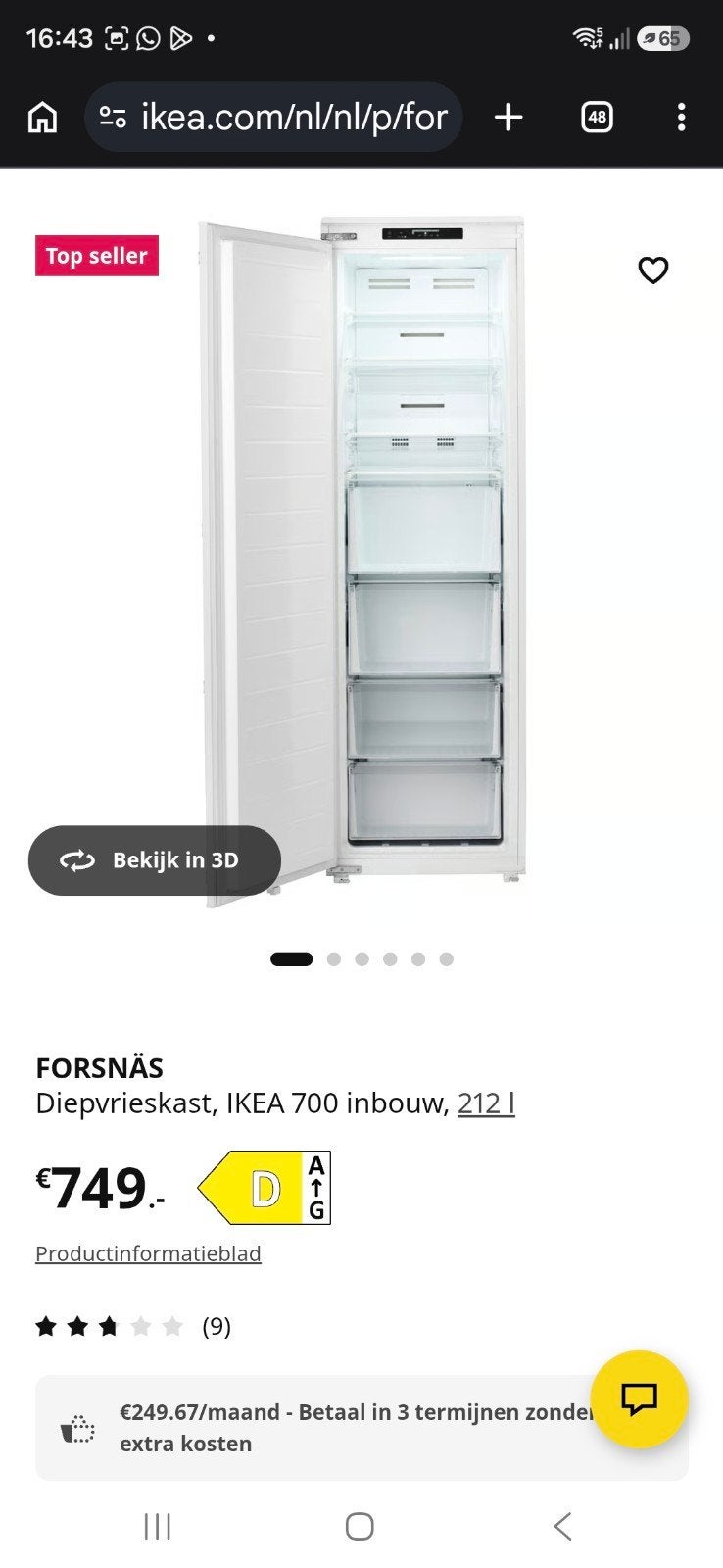 IKEA FORSNÄS Diepvrieskast, Inbouw, Nieuw in doos, Nieuw, Minder dan 60 cm, 160 cm of meer, Inbouw